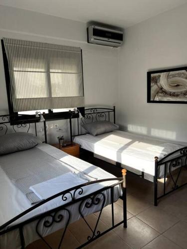 a bedroom with two beds and a fan at Olympus and Sea View Apartment in Platamonas