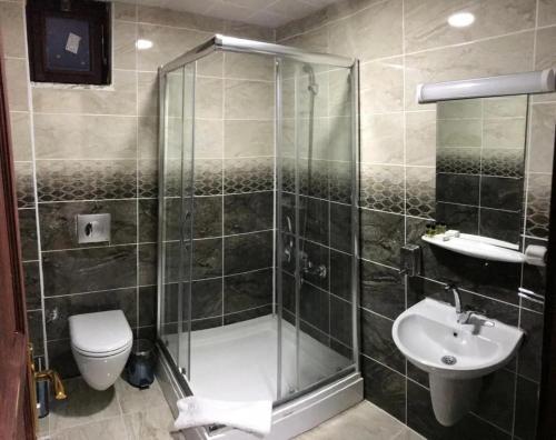 a bathroom with a shower and a toilet and a sink at Şavşat Köşk Otel in Artvin