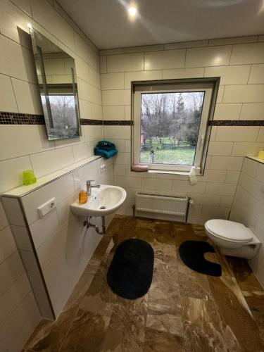 a bathroom with a sink and a toilet and a window at Hof Bahrenwinkel in Osterholz-Scharmbeck