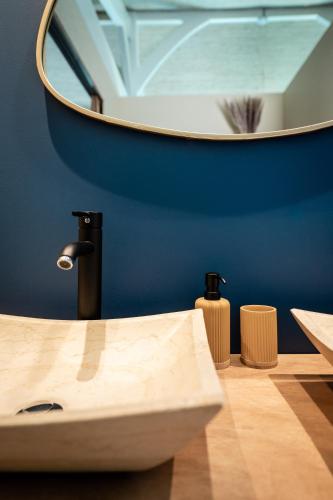 une salle de bain avec un lavabo et un miroir dans l'établissement Villa Eden Bleu - Piscine et jacuzzi privé - Logement classé 4 étoiles, à Biscarrosse