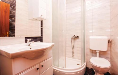 a bathroom with a toilet and a sink and a shower at Cozy Apartment In Sibenik With House Sea View in Krapanj