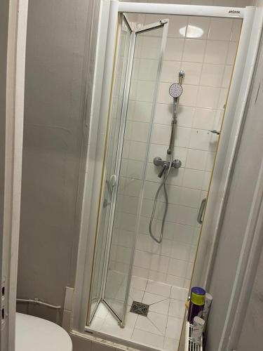 une salle de bain avec une douche avec une porte vitrée dans l'établissement A 2 pas de la gare, à Chalon-sur-Saône