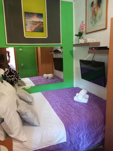 a bedroom with two beds with purple and green walls at S Type Apartment in Split