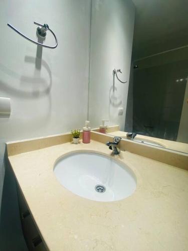 a bathroom with a white sink with a mirror at Vista Cordillera Studio in Santiago