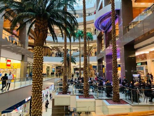 a mall with palm trees in the middle of it at Vista Cordillera Studio in Santiago