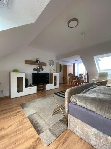 a living room with a couch and a flat screen tv at Dachgeschoss Apartment mit Ausblick in Halle an der Saale