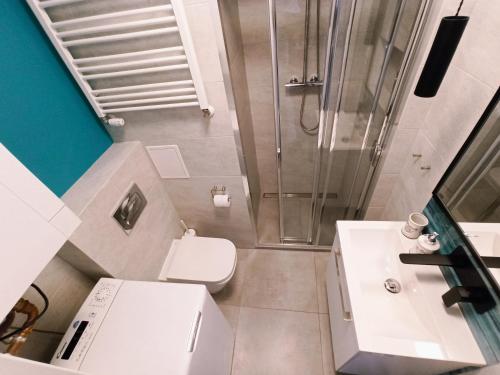uma casa de banho com um chuveiro, um WC e um lavatório. em Lulu Apartments - Apartament FRIDA blisko morza - Resort Kołobrzeg parking i basen z sauną w cenie em Kolobrzeg