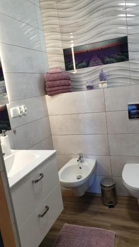 uma casa de banho branca com um lavatório e um WC em Stylowy Apartament I em Poronin