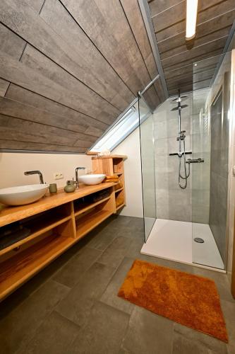 a bathroom with two sinks and a shower at Loft am Malerweg in Reinhardtsdorf