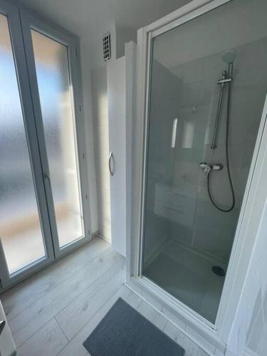 une salle de bain avec une douche avec une porte vitrée dans l'établissement F2 lumineux 8 min à pieds de la plage, à Nice