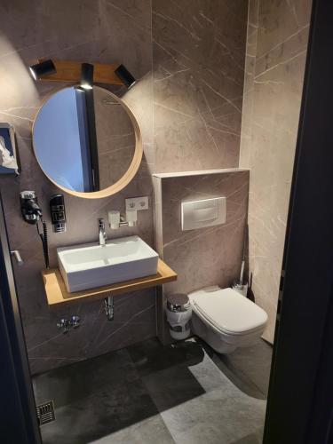 a bathroom with a sink and a toilet and a mirror at Hotel CASA ITALIA in Bamberg