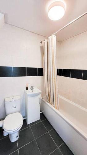 a bathroom with a toilet and a tub and a sink at Lovely & modern 2-Bedroom Flat above shop in Tonteg in Llantwit Fardre