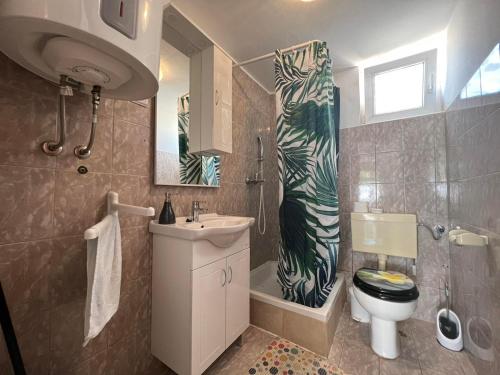 La salle de bains est pourvue d'un lavabo, de toilettes et d'une douche. dans l'établissement Apartmani Marin, à Medulin