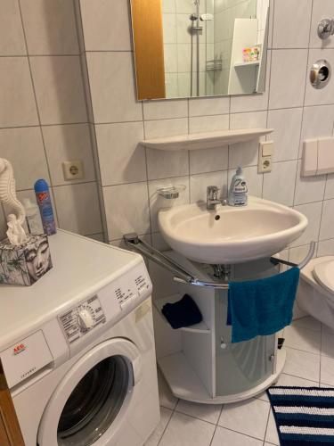 bagno con lavatrice e lavandino di Cityapartment direkt am Hafen a Friedrichshafen