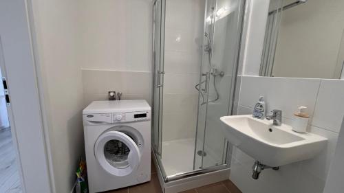 a bathroom with a washing machine and a sink at 1 room Apartment with terrace, Slnečnice in Bratislava