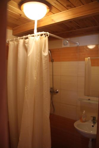 ein Bad mit einem Duschvorhang und einer Lampe in der Unterkunft NIKA in Stegna