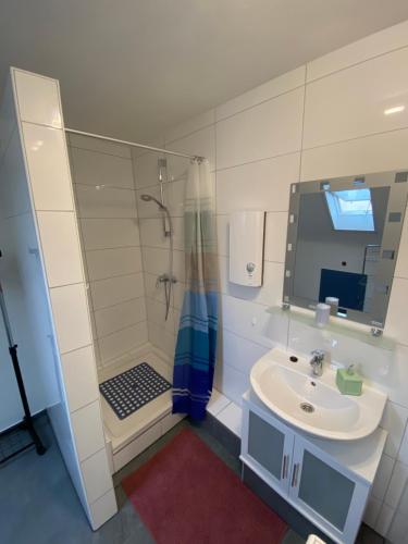 y baño con ducha y lavamanos. en Apartment Q im Zentrum von Königsbronn en Königsbronn