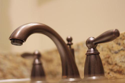 a sink with two faucets on top of it at Lied Lodge at Arbor Day Farm in Nebraska City