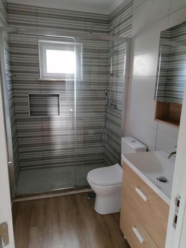 a bathroom with a shower and a toilet and a sink at Baleal Atlantic Villa in Baleal