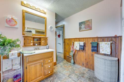 ein Bad mit einem Waschbecken und einem Spiegel in der Unterkunft Marshalltown Vacation Rental with Private Yard! in Marshalltown