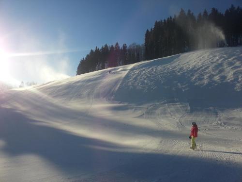 a person is skiing down a snow covered slope at Pension & restaurace Zelený Mlýn Žacléř in Žacléř