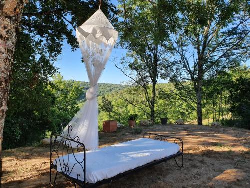 a bed with a mosquito net hanging from a tree at Les Pierres Lotoises - gîte les grandes pierres in Reilhaguet