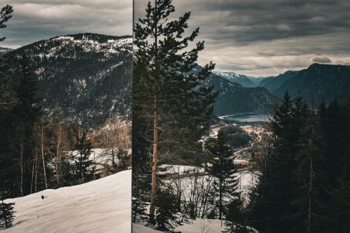 two pictures of a tree on top of a snowy mountain at Vidsyn Midjås in Vistad