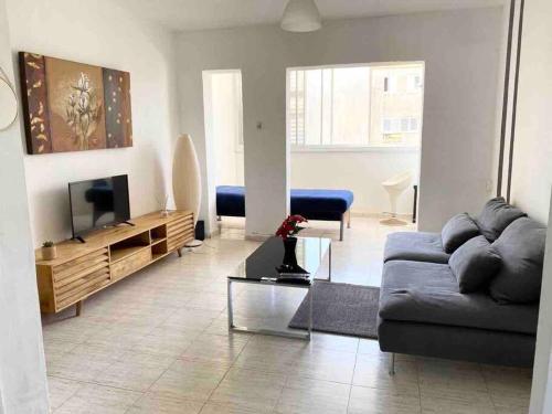een woonkamer met een bank en een televisie bij Прекрасная квартира на берегу Средиземного моря in Qiryat H̱ayyim