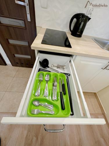 a kitchen with a green tray and utensils in a drawer at Willa Michałówka in Zakopane