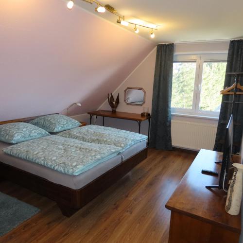 a bedroom with a bed and a desk and a window at Ferienhaus Sava in Garz