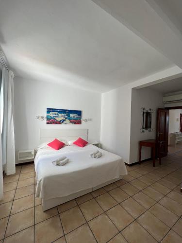 a bedroom with a white bed with red pillows at Apartamentos Vista Vedrá in La Savina