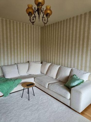 a living room with a white couch with green pillows at Iso kolmio, mahtavalla jokinäkymällä in Joensuu