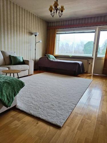a living room with a couch and a rug at Iso kolmio, mahtavalla jokinäkymällä in Joensuu