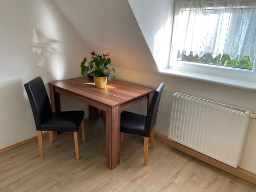 a wooden table with two chairs and a plant on it at Pension Evi in Chemnitz