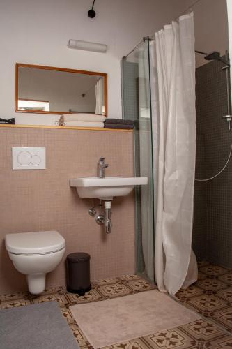 a bathroom with a toilet and a sink and a shower at Schloss Hornegg in Preding