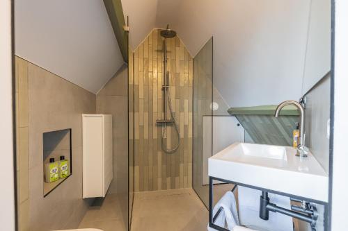 een badkamer met een douche en een wastafel bij Cottage Jacob in Zandvoort