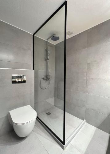 a bathroom with a toilet and a glass shower at Casa De Lago in Agios Nikolaos