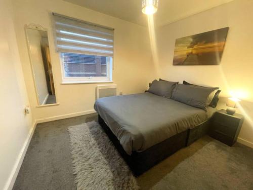 a bedroom with a large bed with a window and a window at Cosy One Bedroom Flat in London in North Woolwich