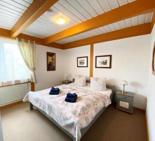 a bedroom with a bed with blue pillows on it at Atlanta Pur in Pellworm