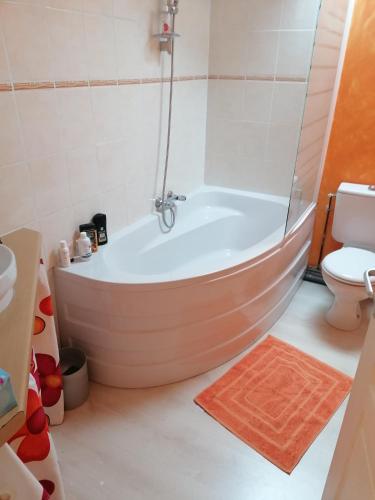une salle de bain avec baignoire et toilettes dans l'établissement Maison de village, à La Tour-sur-Orb