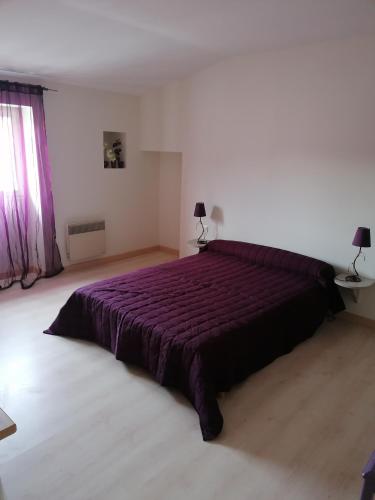 ein Schlafzimmer mit einem großen Bett mit einer lila Tagesdecke in der Unterkunft Maison de village in La Tour-sur-Orb