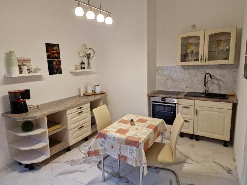 eine Küche mit einem Tisch mit Stühlen und einem Waschbecken in der Unterkunft Ferienwohnung auf der Stadtinsel in Havelberg