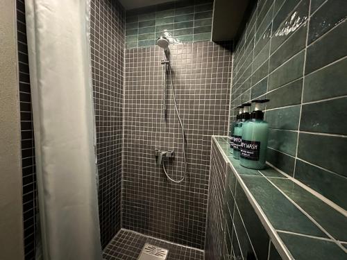 a bathroom with a shower with a bottle of soap at Soulfactory Apartments in Neu-Ulm