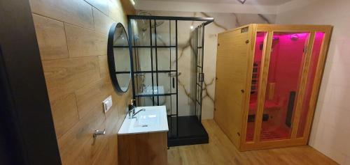 a bathroom with a sink and a shower and a mirror at Widokówka in Ustroń