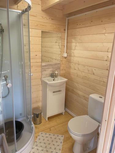 een badkamer met een toilet, een wastafel en een douche bij Osada Gardenia in Ślesin