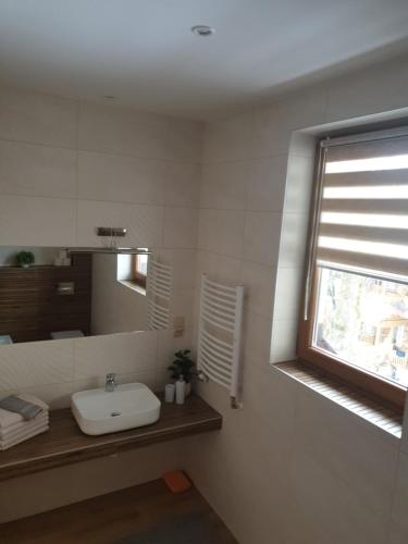 uma casa de banho com um lavatório, um espelho e uma janela em STYLOWE APARTAMENTY W PORONINIE em Poronin