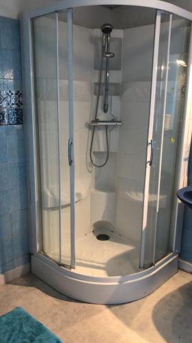 a shower with a glass door in a bathroom at Petite maison avec terrasse in Jurançon