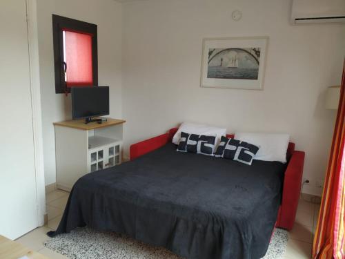 um quarto com uma cama e uma televisão em Studio Climatisé Résidence Odalys Saint Loup,piscine ,parking privé et superette em Cap d'Agde
