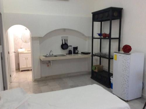 cocina con fregadero y refrigerador blanca en Hermoso Estudio Ubicado en el Cor de Cancún, en Cancún