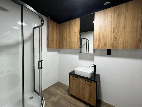 ein Bad mit einem Waschbecken und einer Dusche in der Unterkunft I&M Apartments Rejtana Wrocław in Breslau